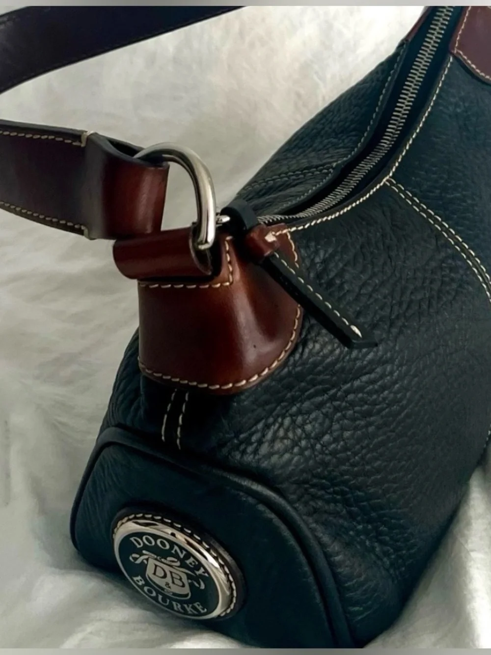 Dooney & Bourke Black Pebbled Leather Messenger Bag with Brown Trim